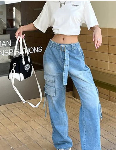 Light Blue Wide-leg Casual Jeans for Women