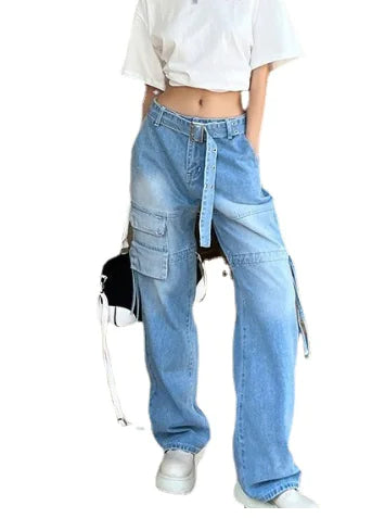 Light Blue Wide-leg Casual Jeans for Women