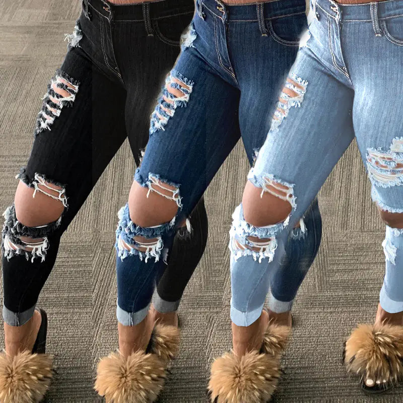 Trendy Ripped Fringe Jeans