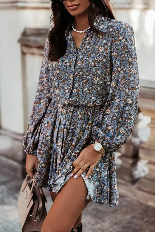 Autumn Elegance Pleated Shirt Dress