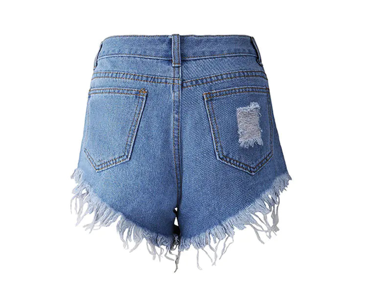 Irregular  Whiskers Fringed High Denim Shorts