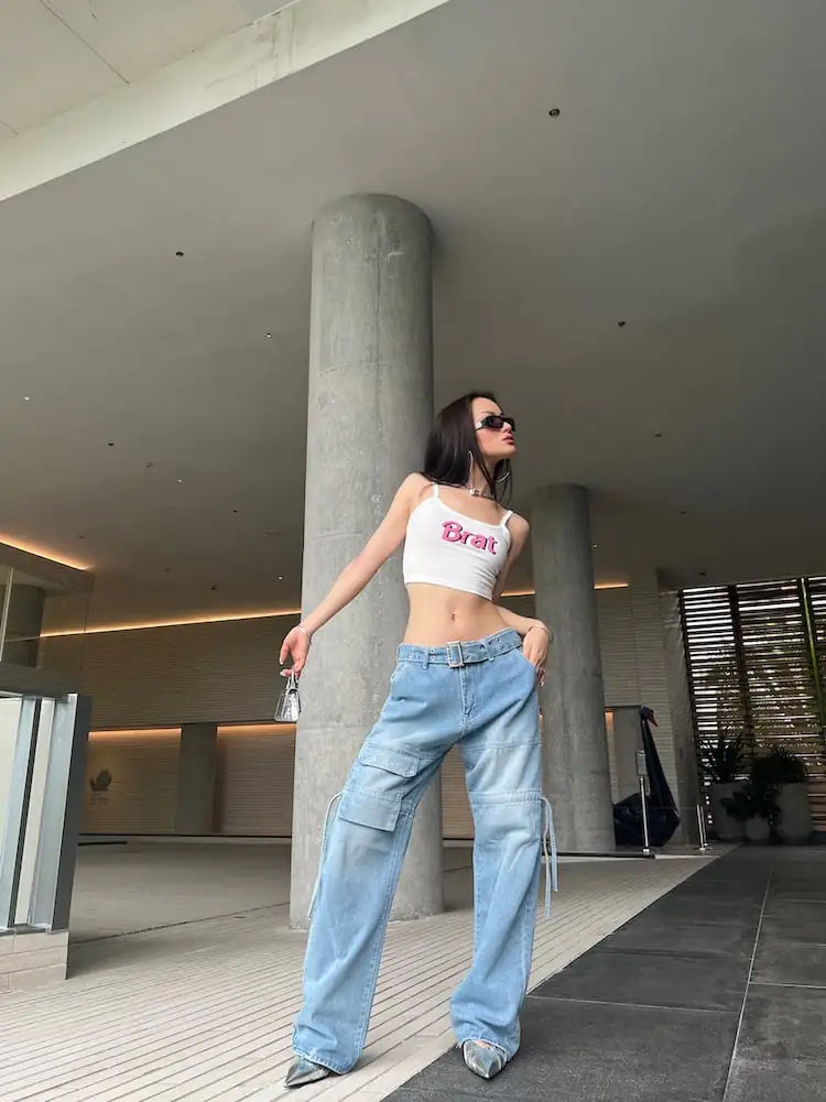 Light Blue Wide-leg Casual Jeans for Women