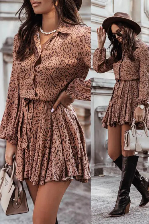 Autumn Elegance Pleated Shirt Dress