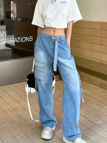 Light Blue Wide-leg Casual Jeans for Women