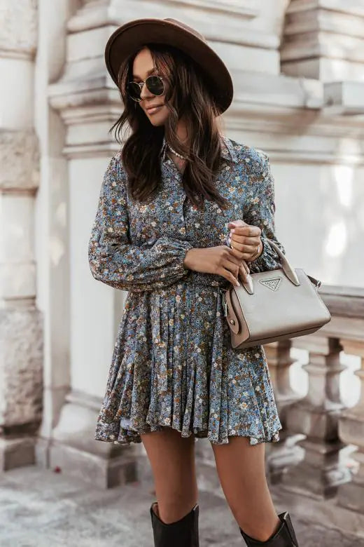 Autumn Elegance Pleated Shirt Dress