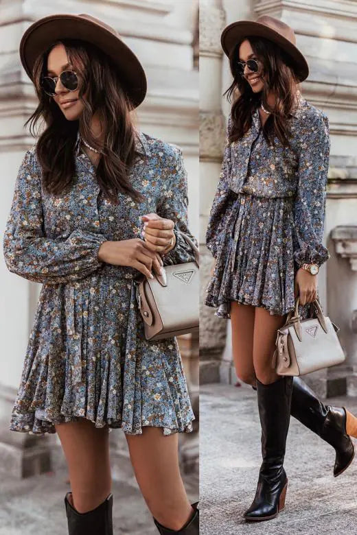 Autumn Elegance Pleated Shirt Dress