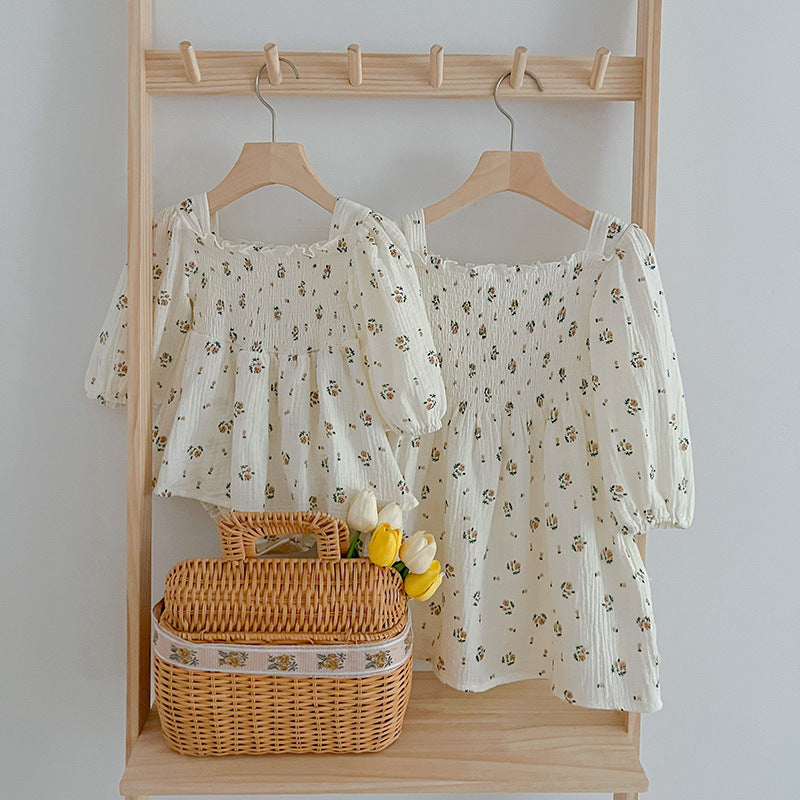 Floral Pattern Lantern Sleeves Princess Style Onesie And Dress