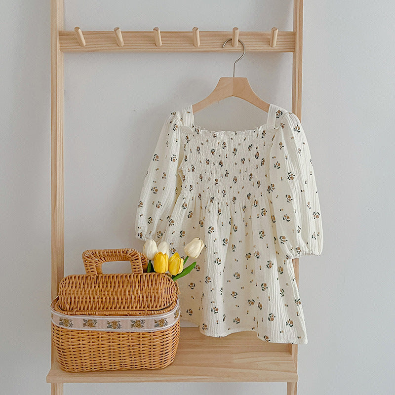 Floral Pattern Lantern Sleeves Princess Style Onesie And Dress