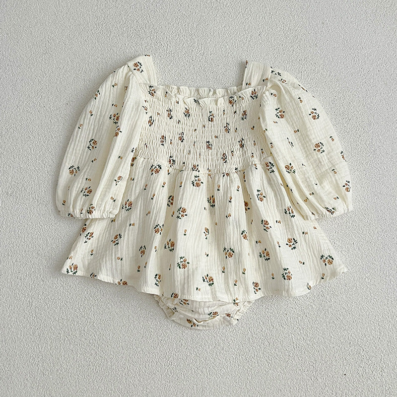 Floral Pattern Lantern Sleeves Princess Style Onesie And Dress