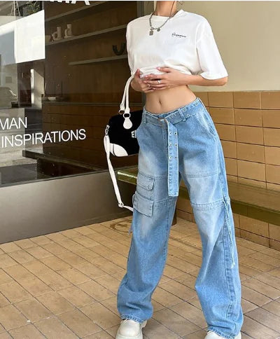 Light Blue Wide-leg Casual Jeans for Women