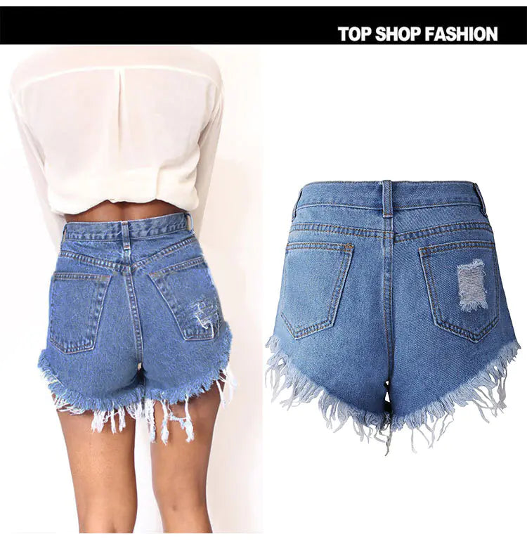 Irregular  Whiskers Fringed High Denim Shorts
